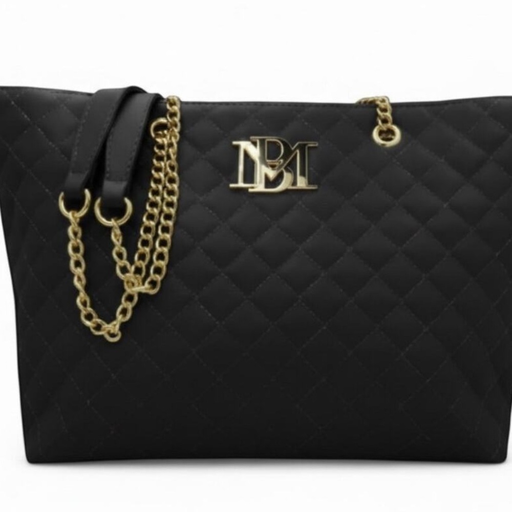 Badgley Mischka Large Black Diamond Quilted Shoulder Bag with Gold Chains